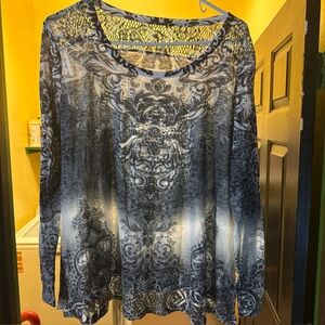 Essentials Milano Rhinestone Embellished Boho Tunic Blouse Gray XL Women Webbed
